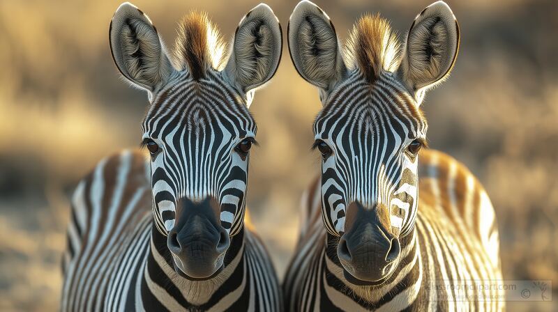 Two zebras stand close together their bold stripes contrasting beautifully with the warm golden hues of Samburu National Reserve at dusk capturing the essence of wildlife in Kenya.