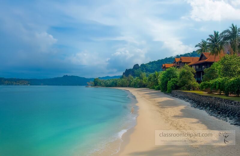 Relax on the soft sandy shores of Langkawi as gentle waves lap at the coastline Tropical palms sway in the breeze creating a peaceful paradise for visitors