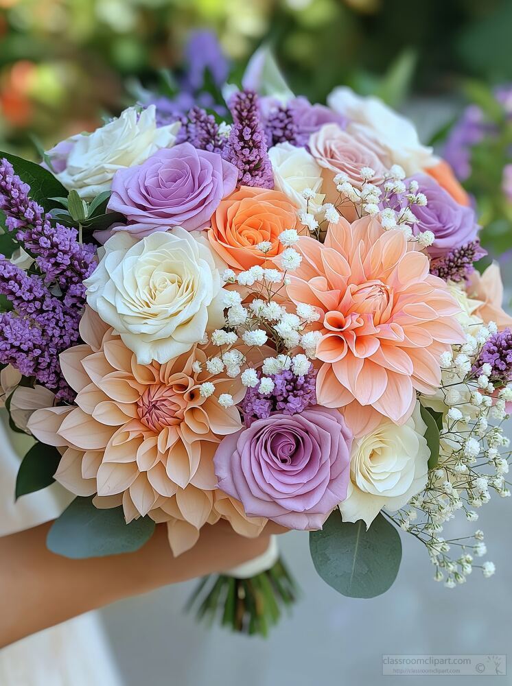 A bride holds a beautiful bouquet filled with dahlias roses and lavender in pastel colors. The arrangement features orange pink white and purple flowers embodying romance and elegance.