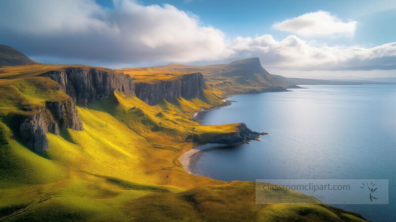 Majestic cliffs rise above tranquil waters on the Isle of Skye, bathed in golden sunlight. Lush green hills meet the calm sea, creating a breathtaking landscape filled with natural beauty.