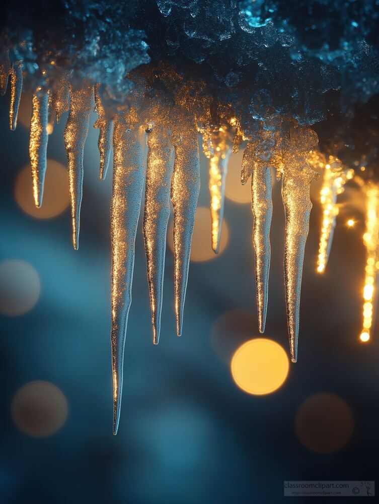 At twilight, icicles dangle gracefully from a snowy ledge, capturing soft golden lights that create a magical atmosphere. The contrasting colors enhance the winter beauty.