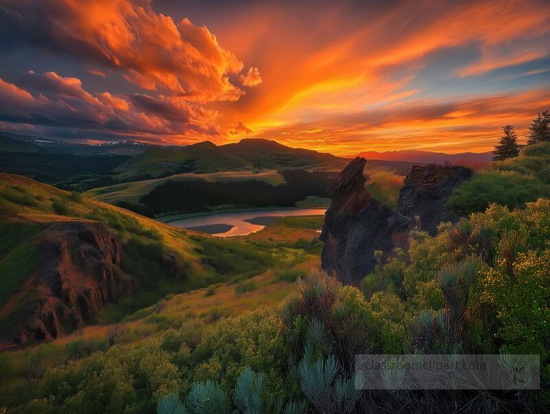 As the sun sets, the sky ignites with brilliant hues, casting shadows across rolling hills and a winding river. Natures beauty unfolds through the vivid colors and dynamic textures.