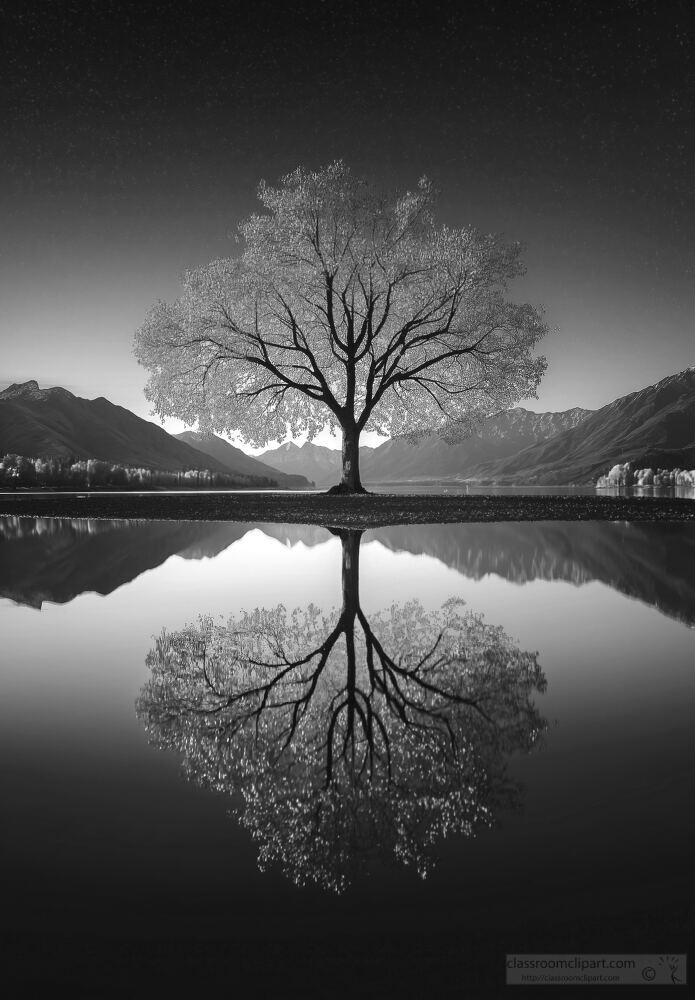 Stunning Twilight Reflection of a Tree on Calm Lake