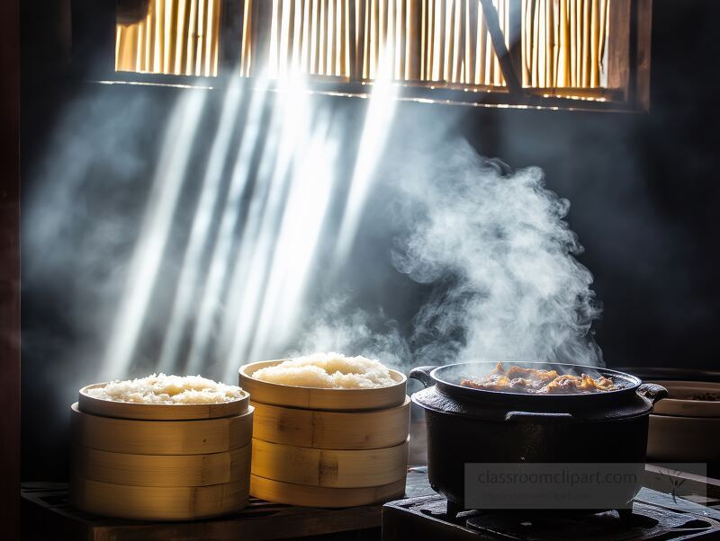 In a charming old Chinese farmhouse, sunlight filters through roof slats, illuminating bowls of rice and meat steaming on a wood stove. A welcoming atmosphere fills the kitchen.