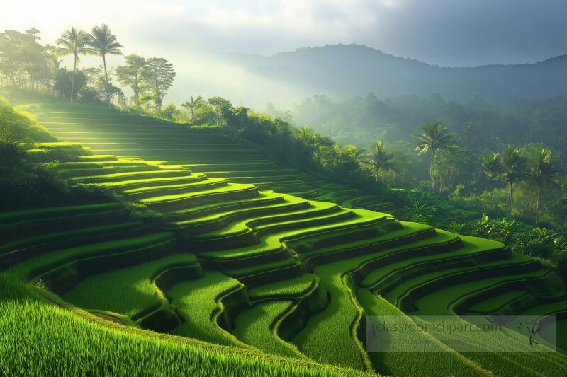 Golden light bathes the verdant rice terraces of Bali at sunrise. Mist gently rolls over the hills, illuminating the intricate layers of green as nature awakens. A tranquil scene unfolds in paradise.