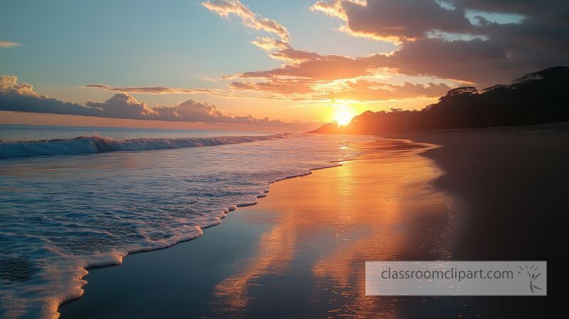 A stunning beach in Costa Rica at sunset offers breathtaking views of the vibrant sky reflecting on gentle waves The tranquil atmosphere invites relaxation and appreciation of nature