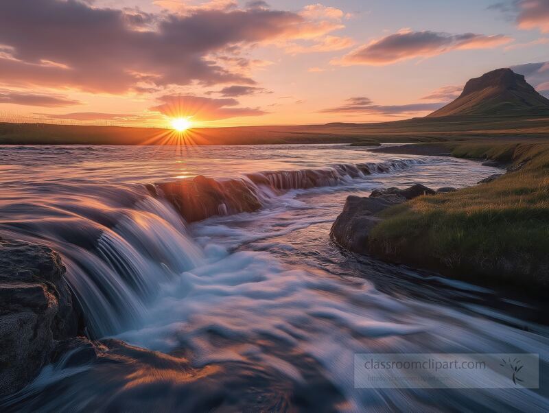 As the sun dips below the horizon, vibrant colors dance across the Icelandic sky. Gentle waters cascade over rocks, creating a peaceful ambiance in this breathtaking setting.