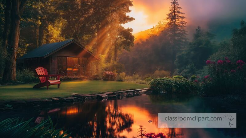 A cozy cabin nestled in a lush garden reflects the warm hues of a sunset Sunlight streams through the trees illuminating the serene pond and vibrant flowers creating a peaceful atmosphere