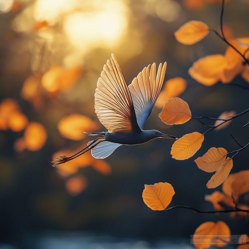 Sunset View of a Bird in Fall Foliage