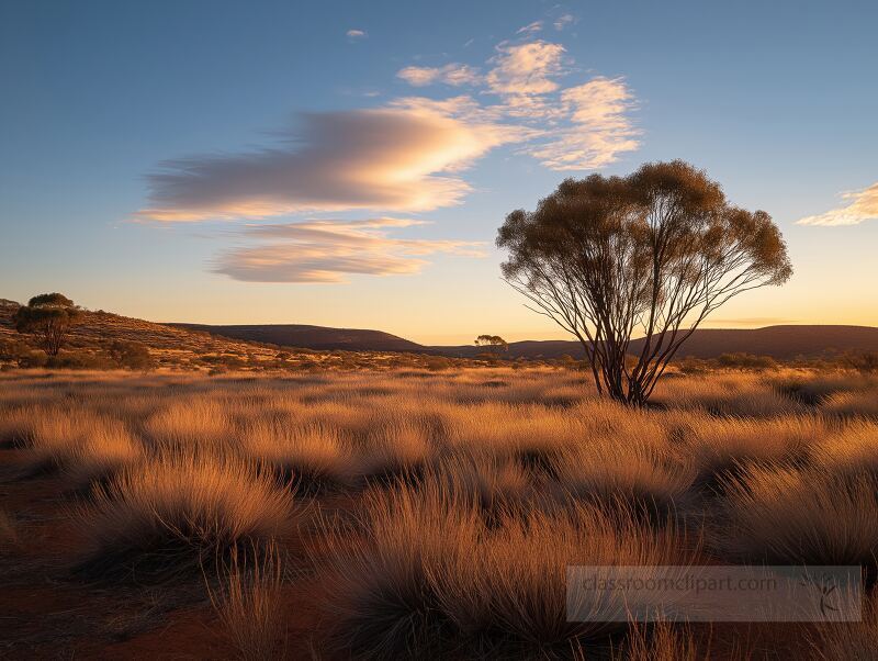 Vibrant grasslands stretch under a brilliant sky as the sun sets over the South Australian outback. Silhouetted trees stand proudly, embracing the serene landscape.