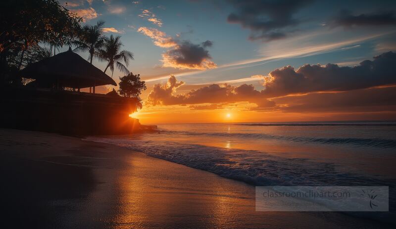 Gentle waves caress the sandy beach as the sun sets over Bali, painting the sky with vibrant hues. Silhouettes of palm trees frame the horizon, creating a peaceful and serene atmosphere.