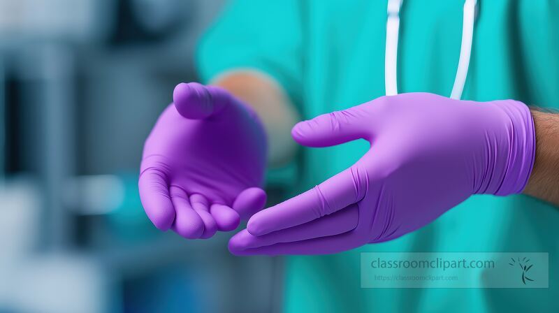 A healthcare professional is putting on purple surgical gloves in a sterile environment The clinician is focused on maintaining hygiene protocols for patient safety