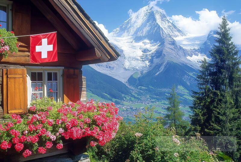 A charming Swiss house adorned with vibrant flowers on the balcony and a flag fluttering gently set against the backdrop of majestic mountains and clear blue skies