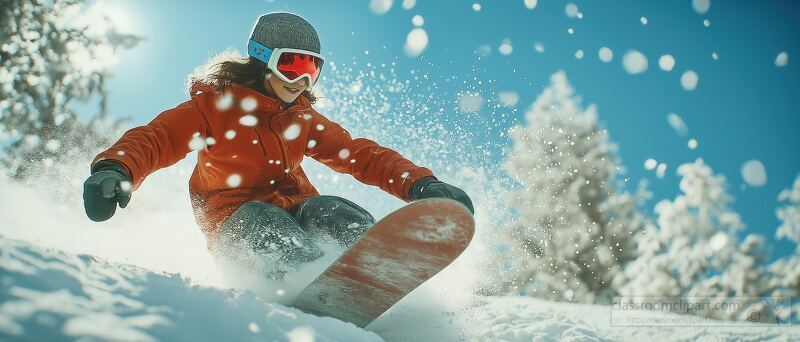 Teen Snowboarder Shreds Fresh Powder in Blue Skies