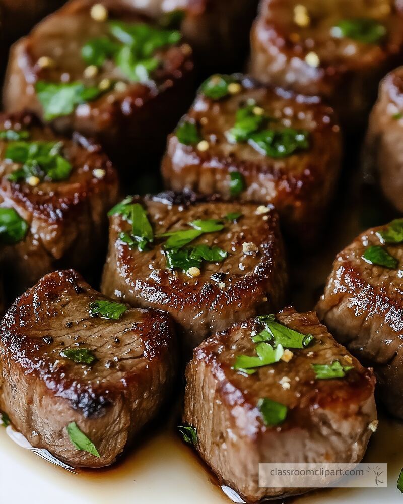 Savory garlic beef cubes sit on a plate garnished with fresh herbs and glistening with sauce This dish highlights the rich flavors of tender meat and aromatic seasonings