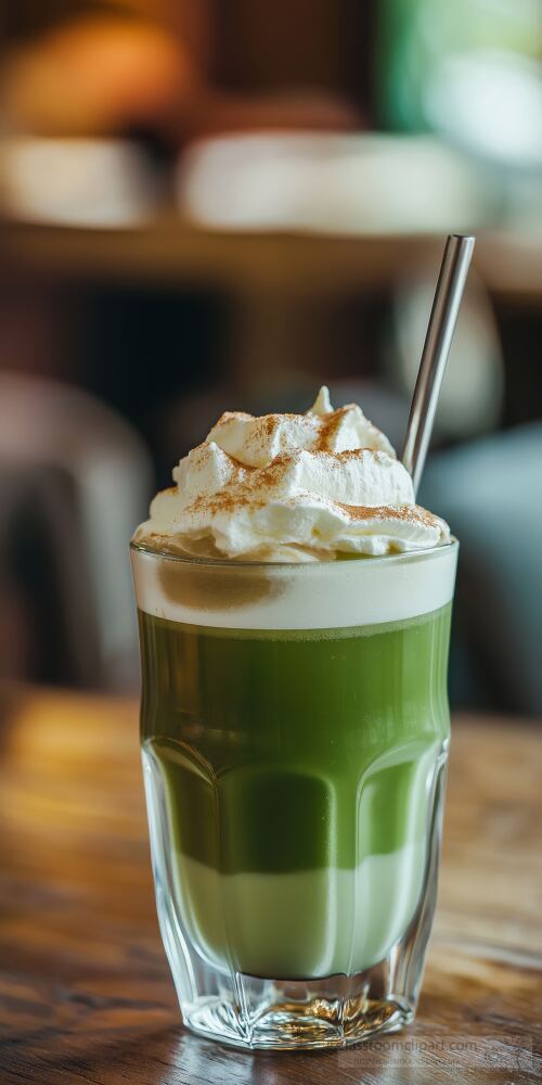 Enjoy a refreshing glass of cold Thai green tea beautifully layered with creamy froth on top. This delicious treat is perfect for warm days in a bustling street food setting.