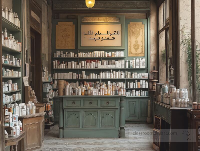 A classic Arabic pharmacy showcases intricate green shelves filled with vintage jars and packets. The entrance invites visitors to explore the nostalgia of traditional remedies and herbal cures.