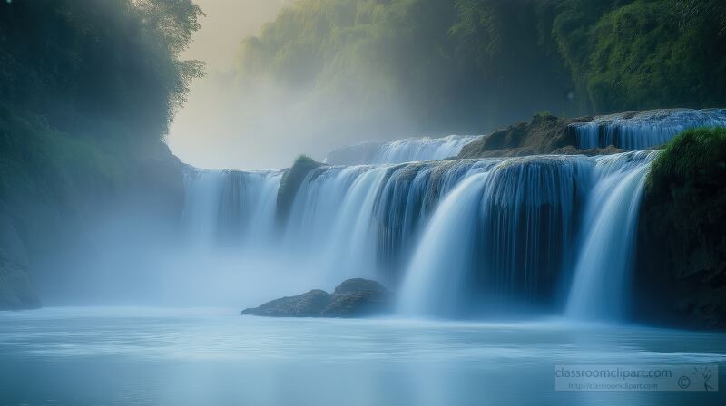 Serene waters cascade gracefully at Hukou Waterfall just after sunrise with gentle light illuminating the mist and harmonizing with the powerful roar of the falls.