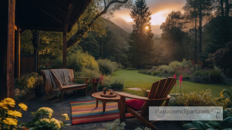 A serene garden retreat showcases cozy seating with colorful flowers The sun sets behind the trees casting a warm glow over the lush landscape A perfect place to relax