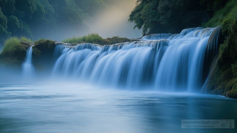 Soft light bathes Hukou Waterfall just after dawn illuminating the mist rising above the roaring waters creating a serene and peaceful atmosphere in natures embrace.