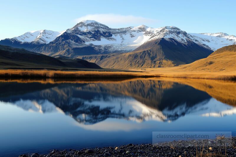 Evening descends upon Iceland as dusk paints the sky. The majestic mountains reflect in the clear waters, creating a tranquil atmosphere enhanced by amber and stone grey hues.