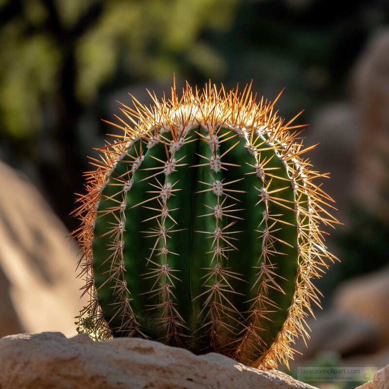 A vibrant cactus stands prominently on a rocky surface showcasing its intricate green ribs and bright orange spines. Sunlight enhances its textured appearance against a blurred natural backdrop.