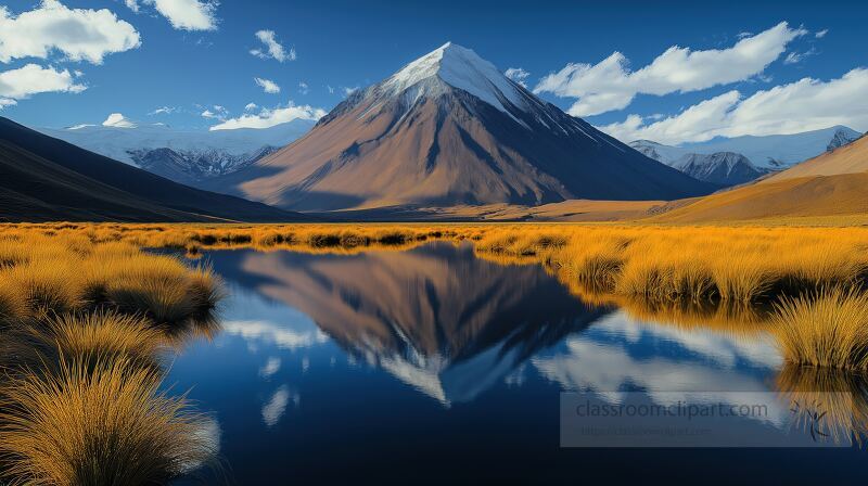 Vibrant golden grasses surround a still lake, mirroring unusual mountain peaks under a bright blue sky. This captivating landscape invites exploration and connection with nature.