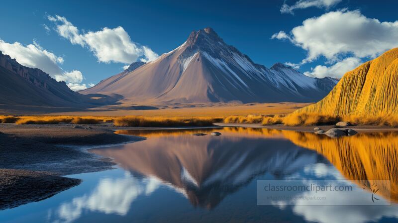 Majestic mountains rise above serene waters, capturing the essence of untouched wilderness. Golden grasses sway gently, evoking a sense of peace and harmony in this picturesque location.