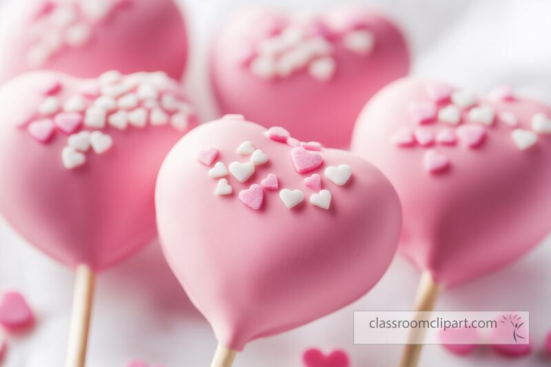 Delicate pink heart shaped treats are beautifully decorated with tiny white and pink sugar hearts These festive creations are perfect for Valentines Day gatherings or celebrations