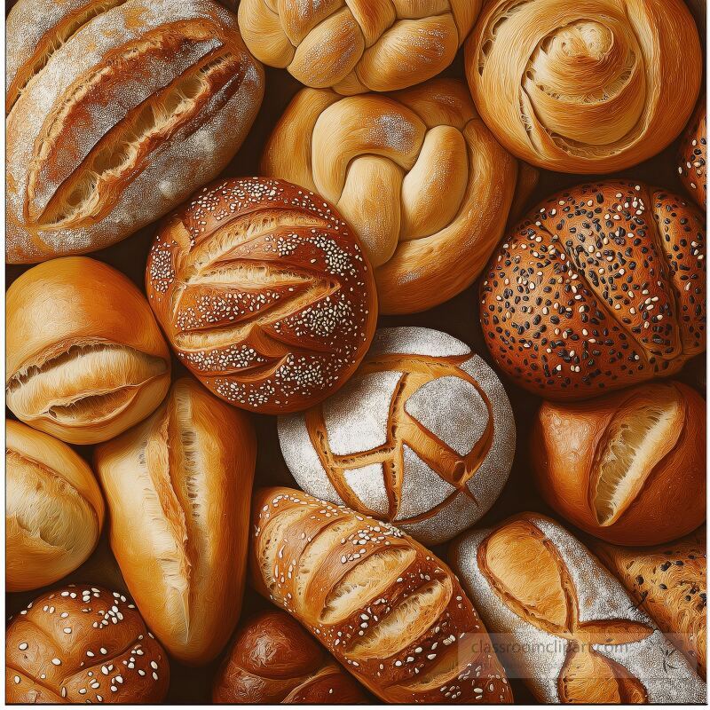 A diverse assortment of bread rolls is displayed featuring different shapes textures and crusts The golden brown hues highlight the artisanal qualities of the baked goods