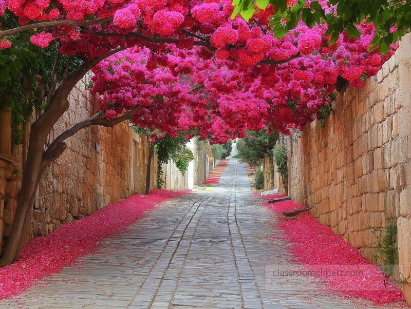 A picturesque Turkish street is adorned with vibrant pink bougainvillea flowers, creating a beautiful canopy overhead. The cobblestone path is delicately covered in petals, inviting strolls.