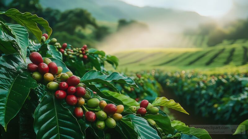 Ripening coffee cherries hang amidst lush green leaves on a scenic farm. Gentle mist envelops the landscape as the sun rises illuminating rows of coffee plants in a serene setting.