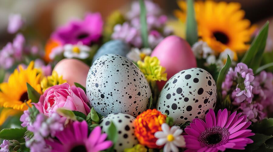 Festive floral display celebrating Easter with colorful flowers and decorated eggs for spring joy