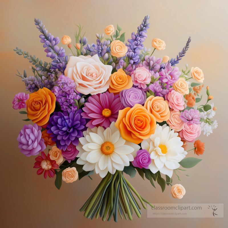 A stunning bouquet features vibrant roses daisies and lavender nestled among colorful blooms The arrangement showcases various flowers creating a joyful display of natures beauty