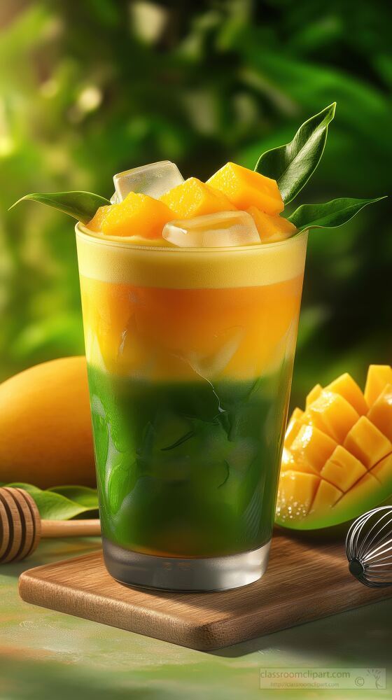 This colorful drink features layers of mango puree and matcha tea evoking a tropical paradise. Ice cubes and fresh mango enhance the bright summer vibes for a delightful treat.