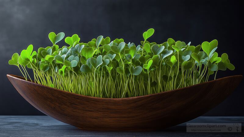 Fresh microgreens flourish in a handcrafted wooden bowl showcasing vibrant heart shaped leaves. Dramatic lighting enhances their springlike beauty against a dark backdrop.