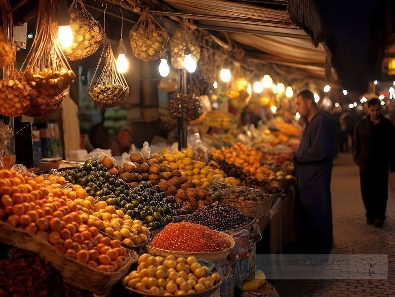 Under the warm glow of lights, a bustling market in Marrakech comes alive with vendors showcasing a dazzling array of fresh fruits and spices. The atmosphere is vibrant and inviting.