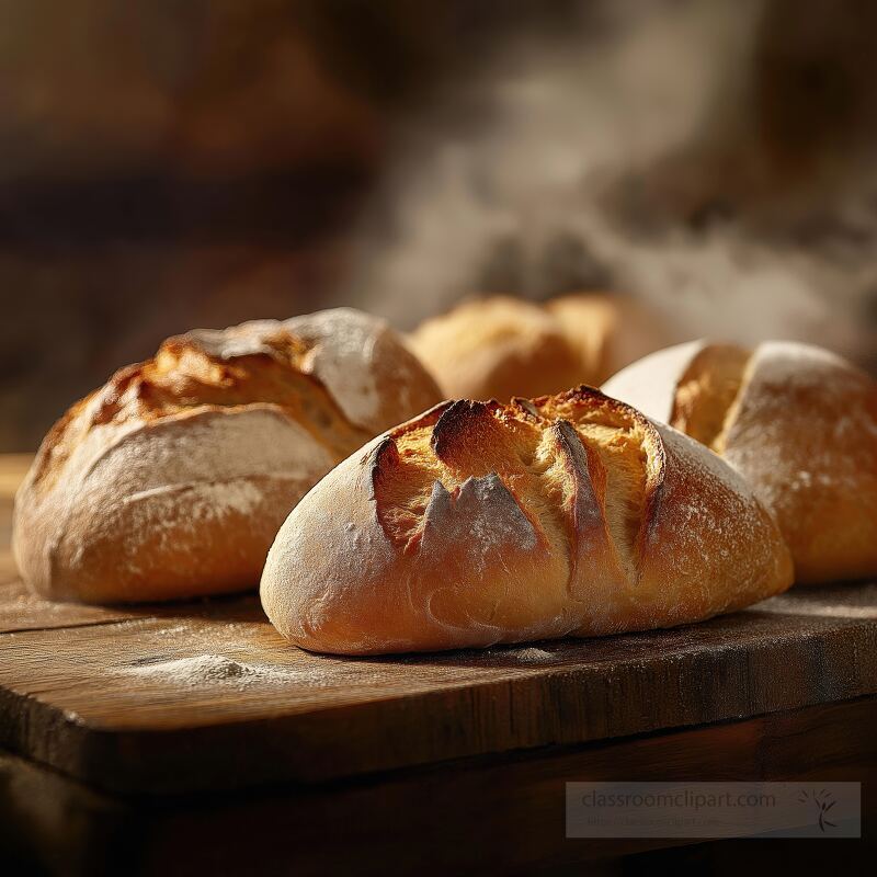 Freshly baked artisan bread loaves rest on a wooden surface exuding warmth Steam rises highlighting the golden crusts A cozy atmosphere invites the senses to delight in homemade goodness