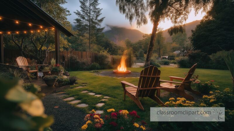 A cozy gathering unfolds in a tranquil garden at dusk with glowing lights and a central fire pit Surrounding lush plants and comfortable seating invite relaxation amidst nature