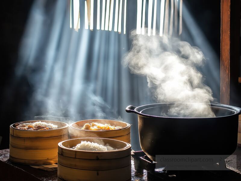 In a rustic Chinese farmhouse kitchen, steam rises from wooden bowls of rice and savory meat atop a wood stove. Sunlight filters through roof slats, creating a inviting atmosphere.