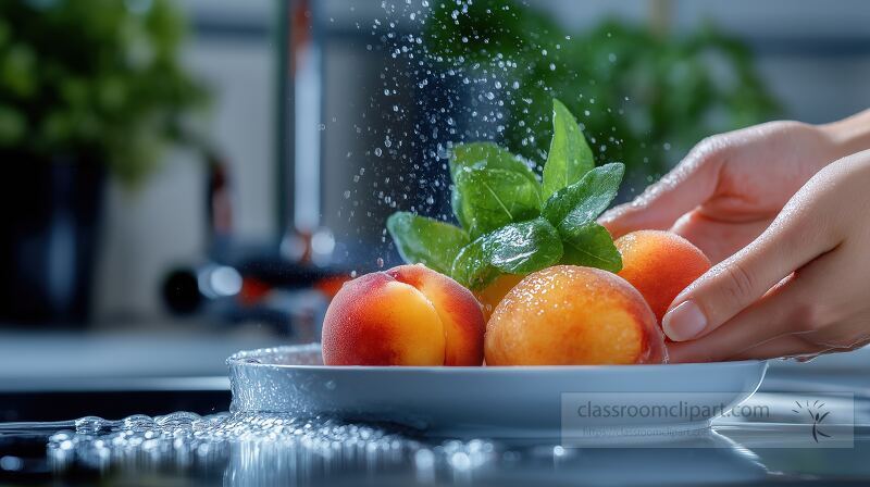 A person washes fresh peaches under running water in a sink Mint leaves accompany the fruit showcasing a clean kitchen atmosphere with vibrant green plants in the background