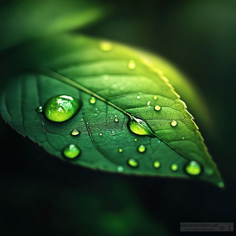 A vibrant green leaf adorned with numerous water droplets showcases the connection between water nature and sustainability. The freshness symbolizes life and vitality in the environment.