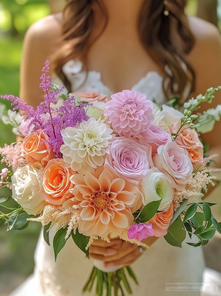 A bride showcases her colorful bouquet filled with pink peach and white flowers standing outdoors on a sunny day. Her joyful expression complements the elegant arrangement.