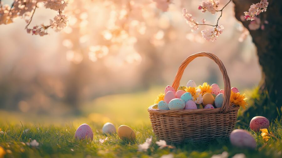 A colorful basket filled with eggs and flowers sits under a cherry tree on a sunny day