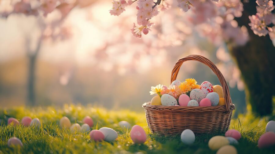 Colorful Easter basket filled with eggs and flowers rests beneath a cherry tree in spring sunlight