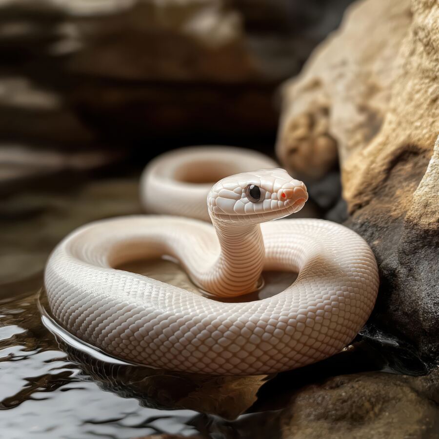 A cute white snake swims in a warm hot spring surrounded by rocks