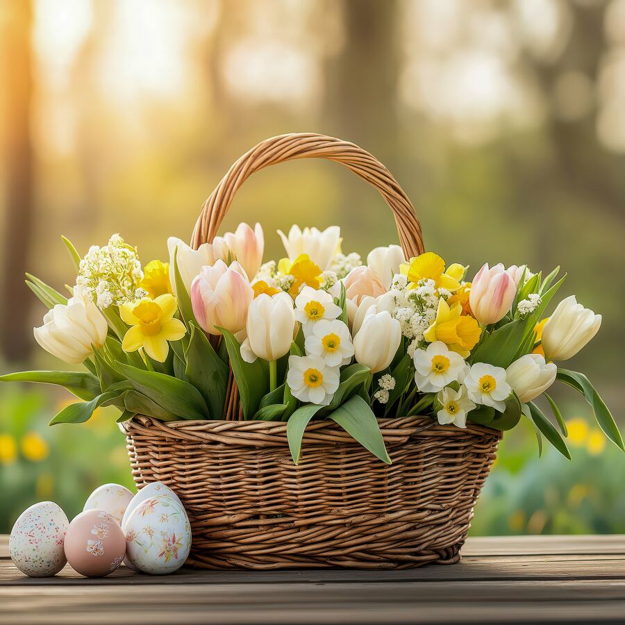 A wicker basket overflows with tulips and daffodils beside pastel Easter eggs on a wooden table