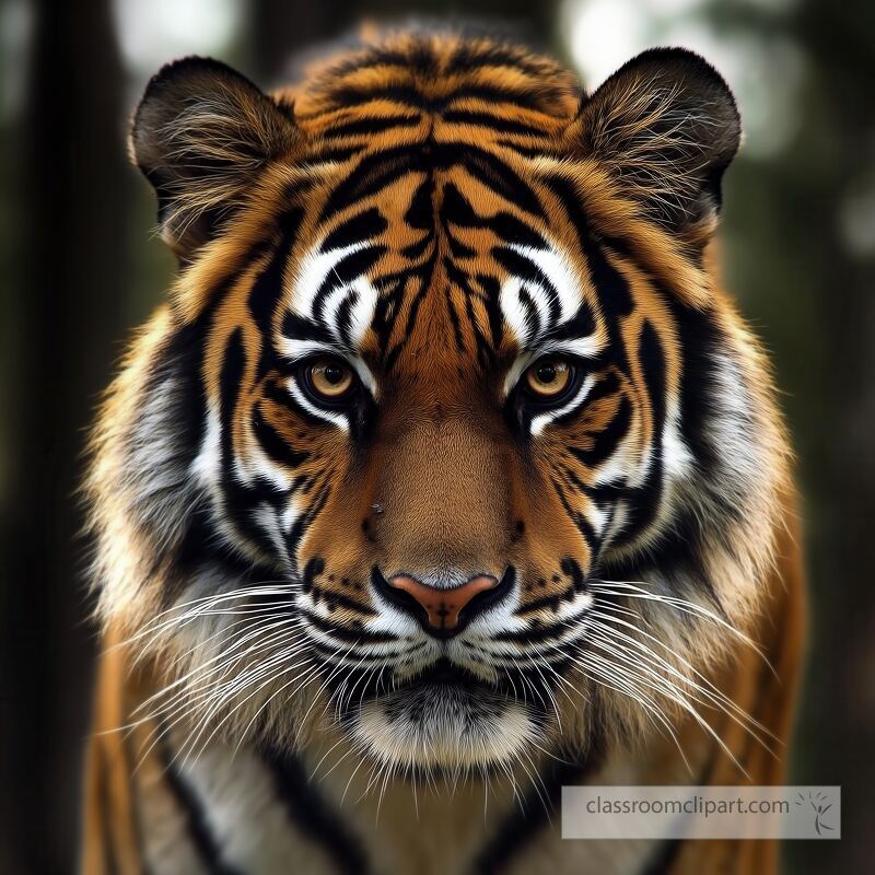 A fierce wild tiger stares intensely into the camera with its striking striped fur and piercing eyes set against a blurred natural background of trees