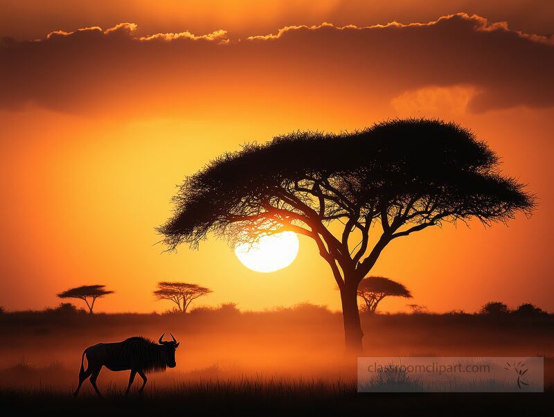 A lone wildebeest walks through dusty plains under a grand acacia tree as the sun sets, casting a rich orange glow against a vibrant sky, creating a serene and reflective atmosphere.