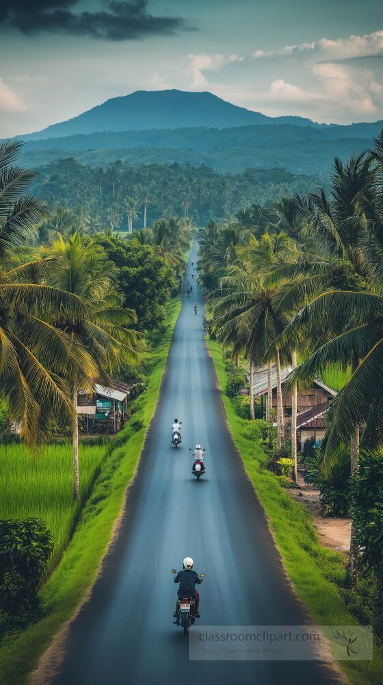 A picturesque road winds through vibrant green rice paddies in Indonesia. Towering palm trees line the route as motorcycles and scooters navigate the serene landscape.